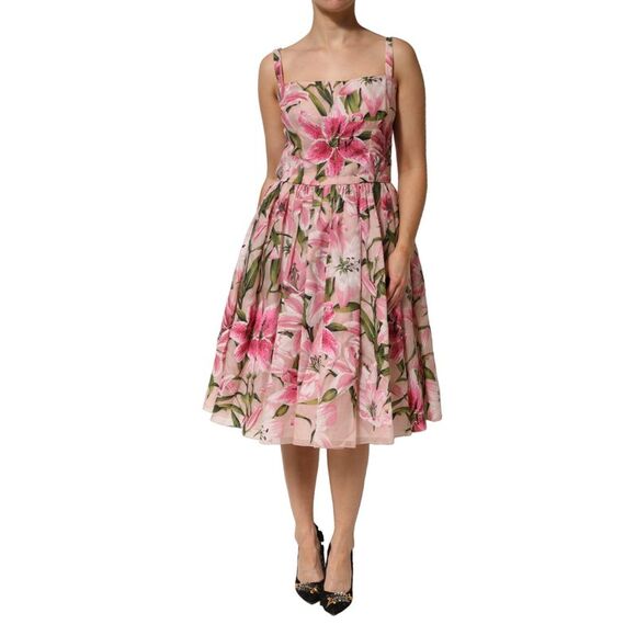 Dolce & Gabbana Pink Floral Lily Print Midi Sleeveless Women's Dress (Pre-Owned) - Picture 1 of 5